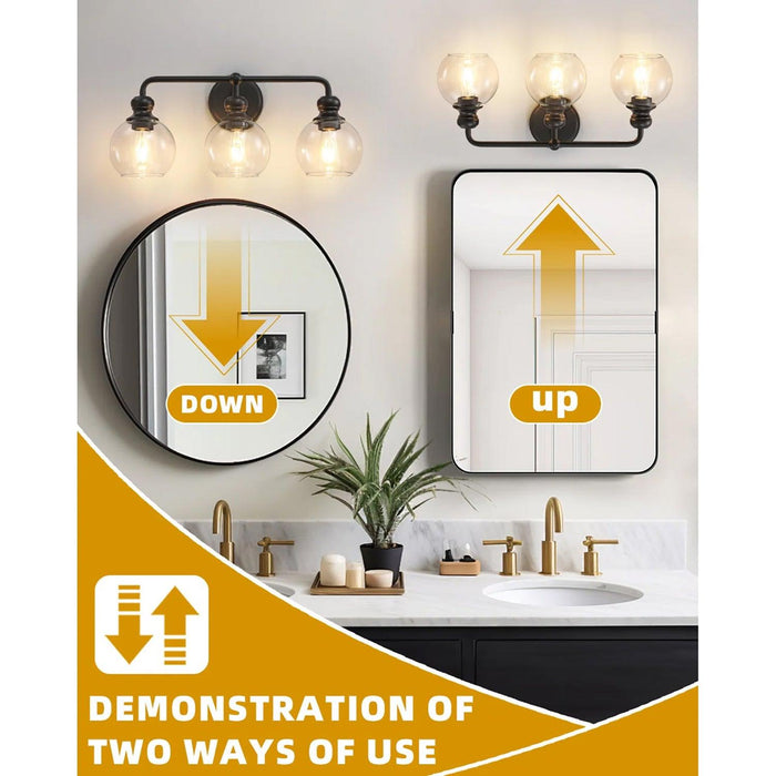 Irvine Black Modern Clear Glass 3-Light Vanity Light - Sweatfully