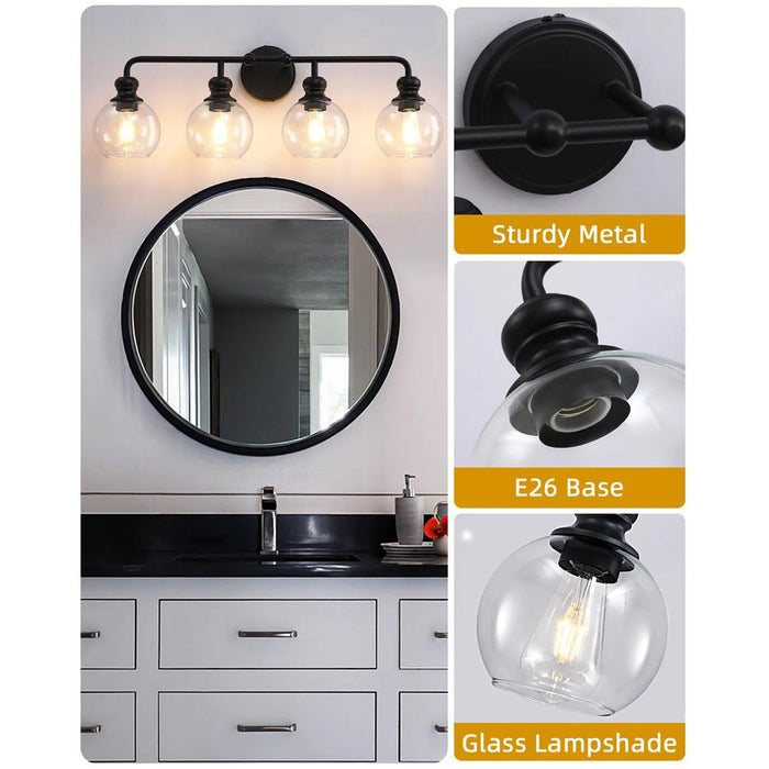 Irvine Black Modern Clear Glass 4-Light Vanity Light - Sweatfully