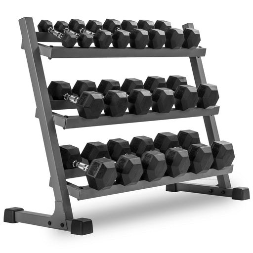 XMARK 10-Pairs, 5 to 50 lbs. Hex Dumbbells Includes 3-Tier Storage Rack XM-3107.1-BLACK-AND-550S - Sweatfully