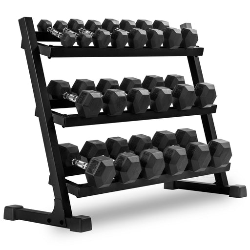 XMARK 10-Pairs, 5 to 50 lbs. Hex Dumbbells Includes 3-Tier Storage Rack XM-3107.1-BLACK-AND-550S - Sweatfully