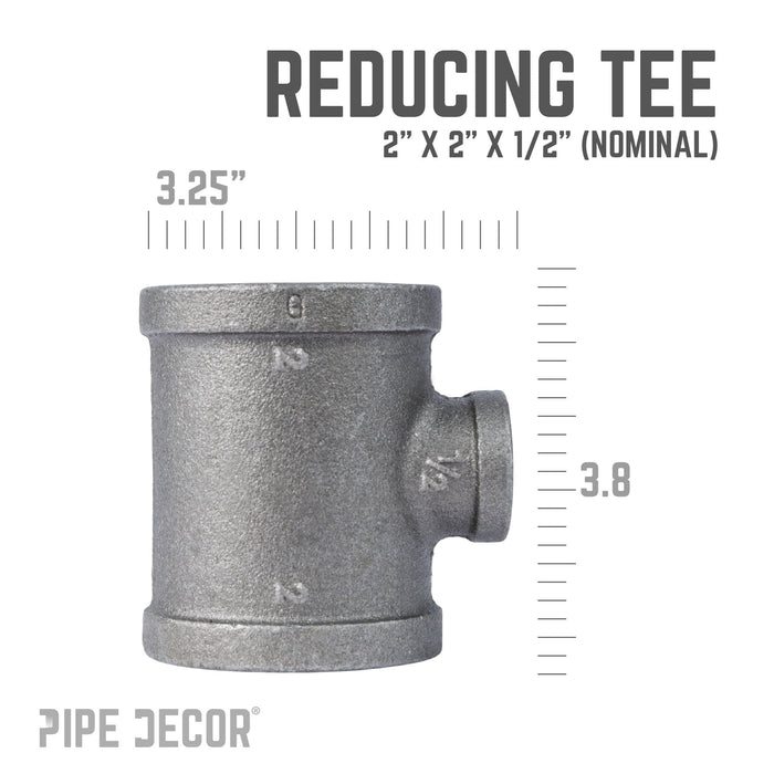2 in. x 2 in. x 1/2 in. Black Reducing Tee - Sweatfully