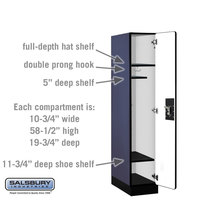 Salsbury 12" Wide Single Tier Designer Wood Locker - 1 Wide - 5 Feet High - 21 Inches Deep - Blue - Silver Resettable Combination Locks - Sweatfully