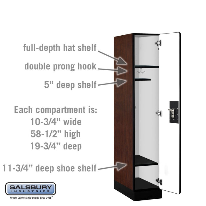 Salsbury 12" Wide Single Tier Designer Wood Locker - 1 Wide - 5 Feet High - 21 Inches Deep - Mahogany - Silver Resettable Combination Locks - Sweatfully