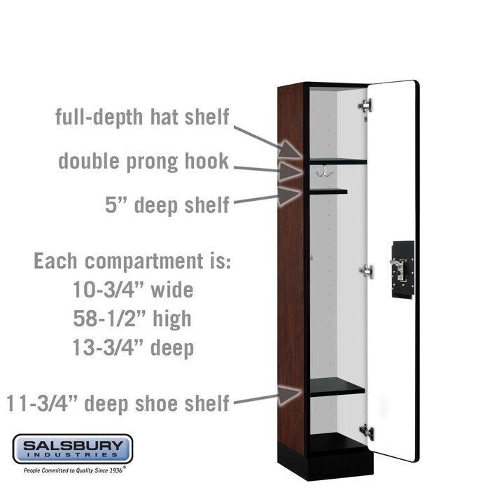Salsbury 12" Wide Single Tier Designer Wood Locker - 1 Wide - 5 Feet High - 15 Inches Deep - Mahogany - Black Resettable Combination Locks - Sweatfully