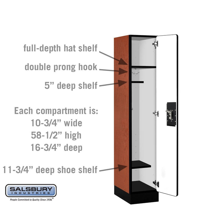 Salsbury 12" Wide Single Tier Designer Wood Locker - 1 Wide - 5 Feet High - 18 Inches Deep - Cherry - Silver Resettable Combination Locks - Sweatfully