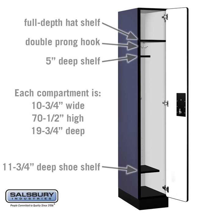 Salsbury 12" Wide Single Tier Designer Wood Locker - 1 Wide - 6 Feet High - 21 Inches Deep - Blue - Silver Electronic Locks - Sweatfully