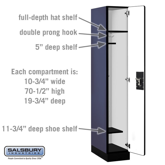 Salsbury 12" Wide Single Tier Designer Wood Locker - 1 Wide - 6 Feet High - 21 Inches Deep - Blue - Silver Resettable Combination Locks - Sweatfully
