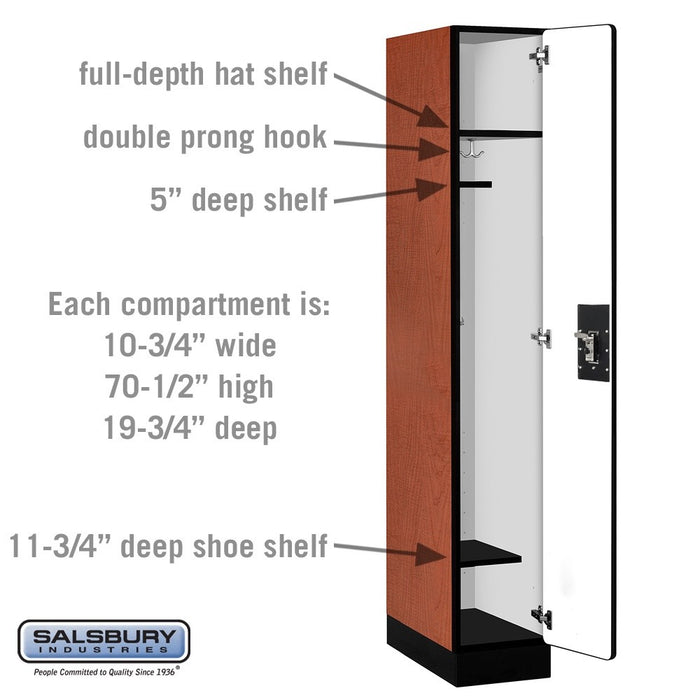 Salsbury 12" Wide Single Tier Designer Wood Locker - 1 Wide - 6 Feet High - 21 Inches Deep - Cherry - Silver Resettable Combination Locks - Sweatfully