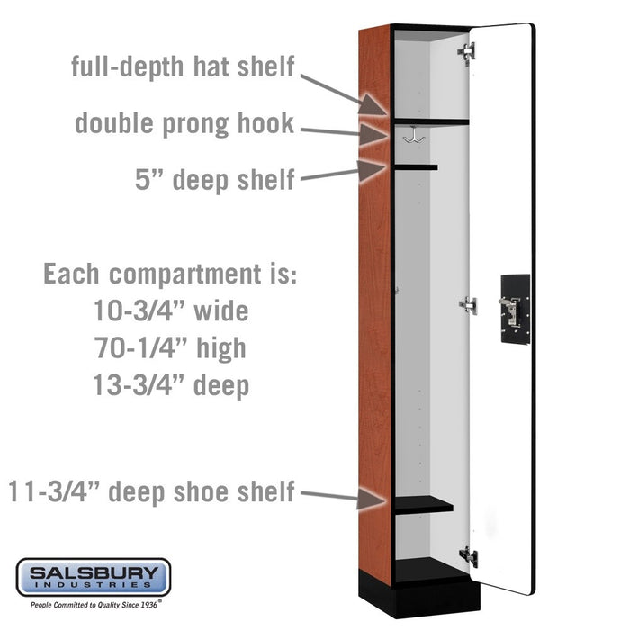 Salsbury 12" Wide Single Tier Designer Wood Locker - 1 Wide - 6 Feet High - 15 Inches Deep - Cherry - Black Resettable Combination Locks - Sweatfully