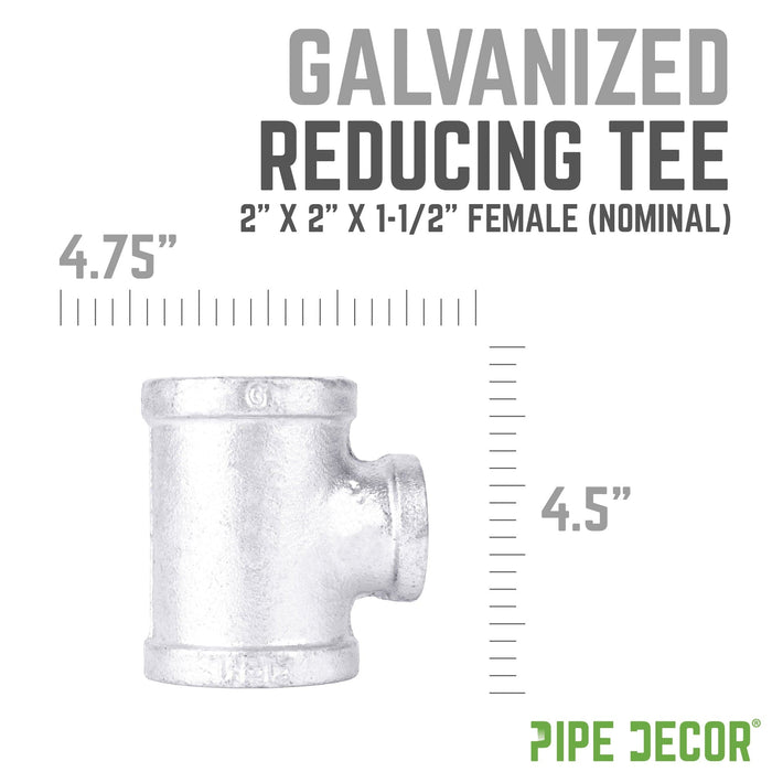2 in. x  2 in. x 1 1/2 in. Galvanized Iron Reducing Tee - Sweatfully