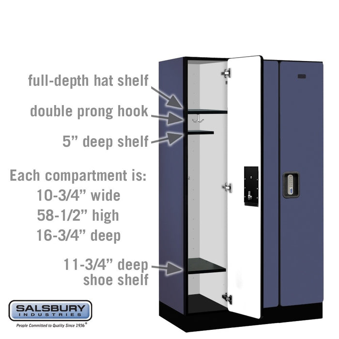 Salsbury 12" Wide Single Tier Designer Wood Locker - 3 Wide - 5 Feet High - 18 Inches Deep - Blue - Silver Electronic Locks - Sweatfully