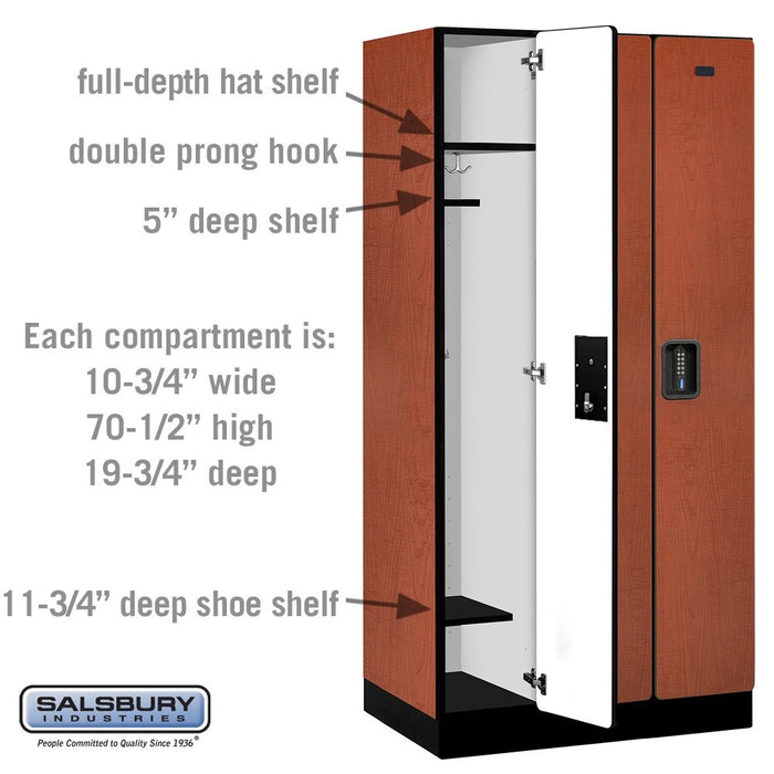 Salsbury 12" Wide Single Tier Designer Wood Locker - 3 Wide - 6 Feet High - 21 Inches Deep - Cherry - Black Electronic Locks - Sweatfully