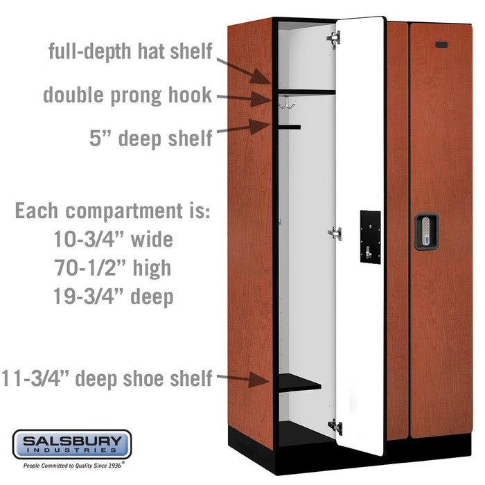 Salsbury 12" Wide Single Tier Designer Wood Locker - 3 Wide - 6 Feet High - 21 Inches Deep - Cherry - Silver Electronic Locks - Sweatfully