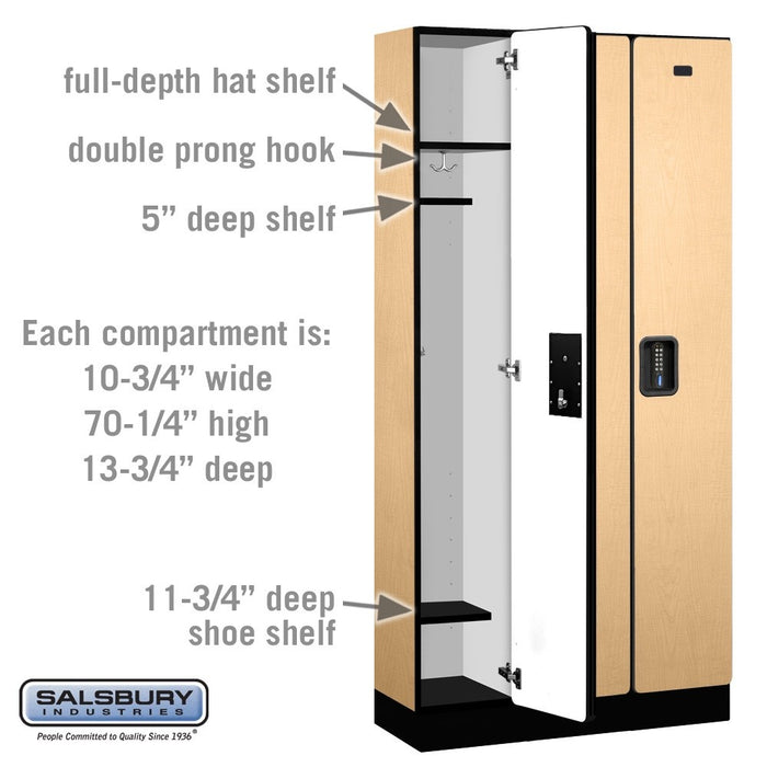 Salsbury 12" Wide Single Tier Designer Wood Locker - 3 Wide - 6 Feet High - 15 Inches Deep - Maple - Black Electronic Locks - Sweatfully