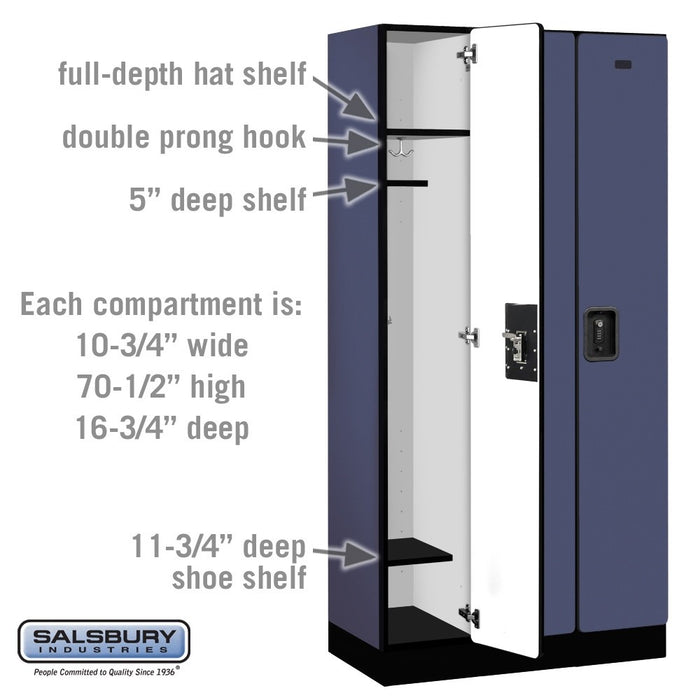 Salsbury 12" Wide Single Tier Designer Wood Locker - 3 Wide - 6 Feet High - 18 Inches Deep - Blue - Black Resettable Combination Locks - Sweatfully