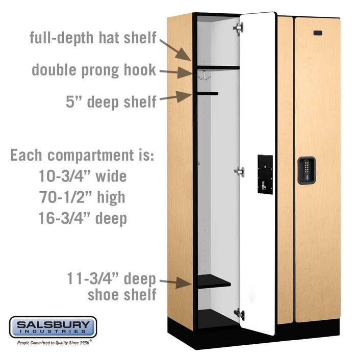 Salsbury 12" Wide Single Tier Designer Wood Locker - 3 Wide - 6 Feet High - 18 Inches Deep - Maple - Black Electronic Locks - Sweatfully
