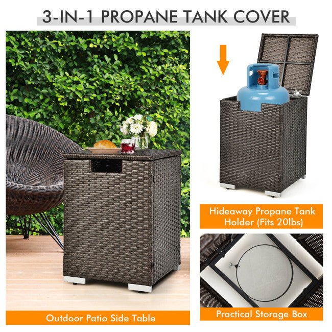 32" Propane Rattan Fire Pit Table Set W/ Side Table Tank & Cover (90165397) - Sweatfully