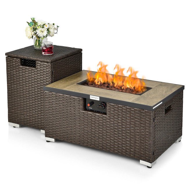 32" Propane Rattan Fire Pit Table Set W/ Side Table Tank & Cover (90165397) - Sweatfully