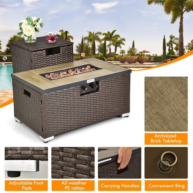 32" Propane Rattan Fire Pit Table Set W/ Side Table Tank & Cover (90165397) - Sweatfully