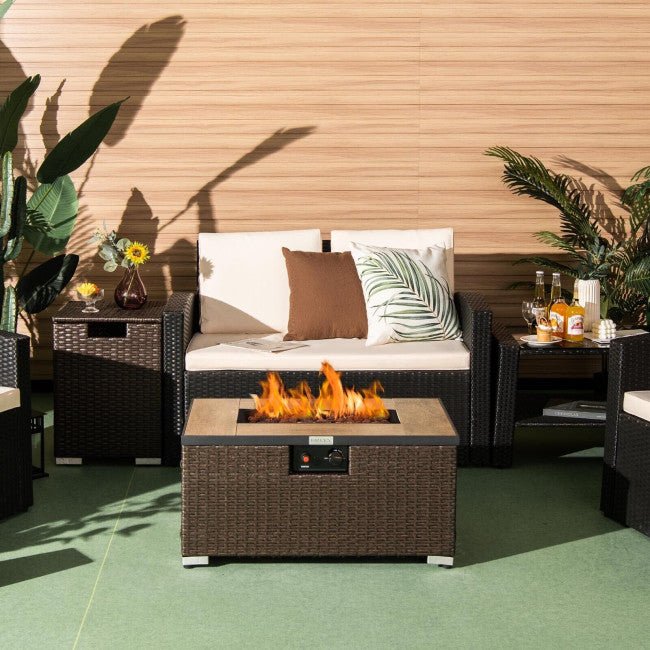 32" Propane Rattan Fire Pit Table Set W/ Side Table Tank & Cover (90165397) - Sweatfully