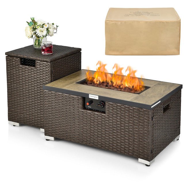 32" Propane Rattan Fire Pit Table Set W/ Side Table Tank & Cover (90165397) - Sweatfully