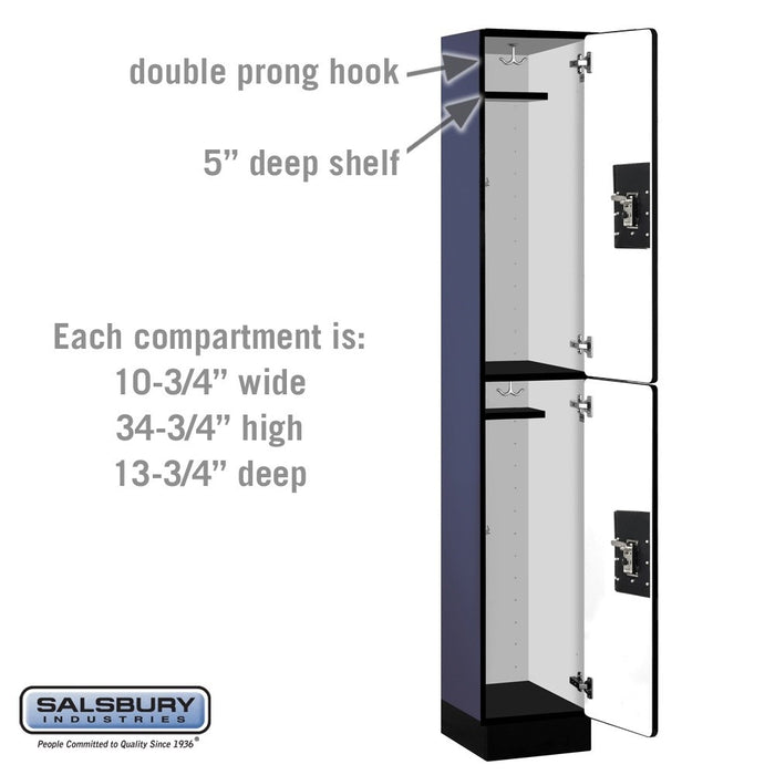 Salsbury 12" Wide Double Tier Designer Wood Locker - 1 Wide - 6 Feet High - 15 Inches Deep - Blue - Black Resettable Combination Locks - Sweatfully