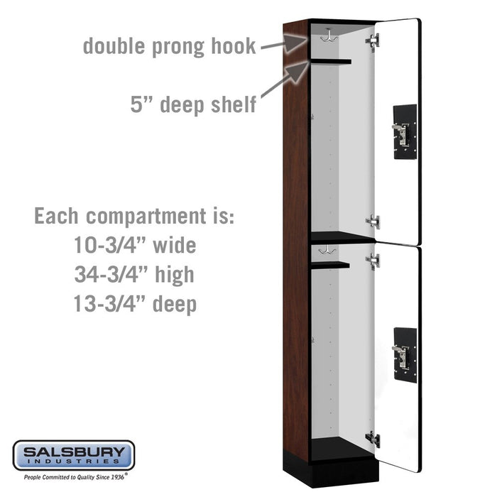 Salsbury 12" Wide Double Tier Designer Wood Locker - 1 Wide - 6 Feet High - 15 Inches Deep - Mahogany - Black Resettable Combination Locks - Sweatfully