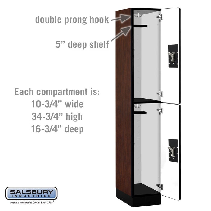 Salsbury 12" Wide Double Tier Designer Wood Locker - 1 Wide - 6 Feet High - 18 Inches Deep - Mahogany - Black Resettable Combination Locks - Sweatfully