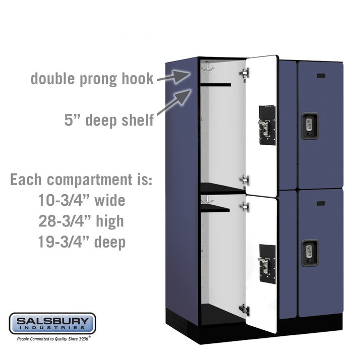 Salsbury 12" Wide Double Tier Designer Wood Locker - 3 Wide - 5 Feet High - 21 Inches Deep - Blue - Silver Resettable Combination Locks - Sweatfully