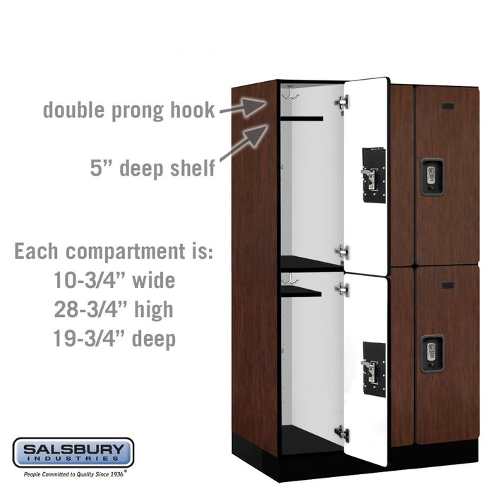 Salsbury 12" Wide Double Tier Designer Wood Locker - 3 Wide - 5 Feet High - 21 Inches Deep - Mahogany - Silver Resettable Combination Locks - Sweatfully
