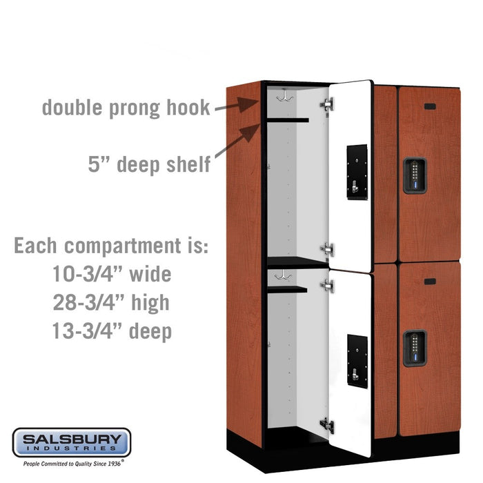 Salsbury 12" Wide Double Tier Designer Wood Locker - 3 Wide - 5 Feet High - 15 Inches Deep - Cherry - Black Electronic Locks - Sweatfully