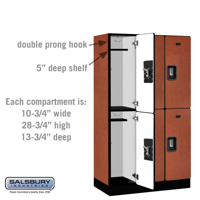 Salsbury 12" Wide Double Tier Designer Wood Locker - 3 Wide - 5 Feet High - 15 Inches Deep - Cherry - Silver Resettable Combination Locks - Sweatfully