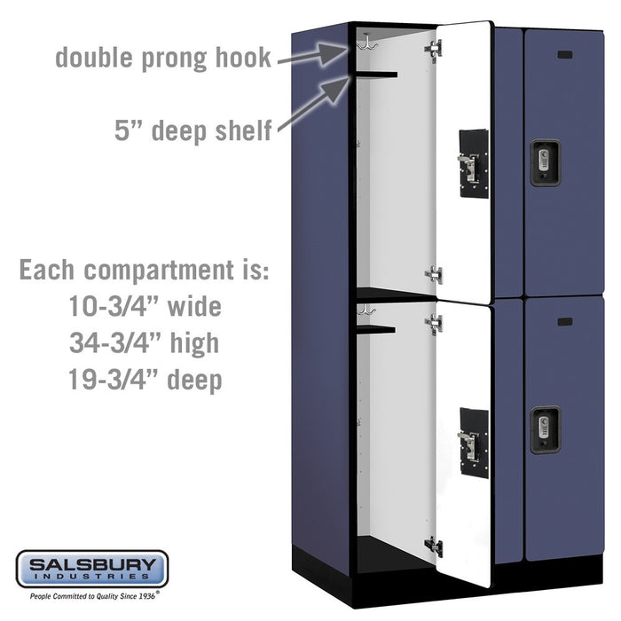 Salsbury 12" Wide Double Tier Designer Wood Locker - 3 Wide - 6 Feet High - 21 Inches Deep - Blue - Silver Resettable Combination Locks - Sweatfully