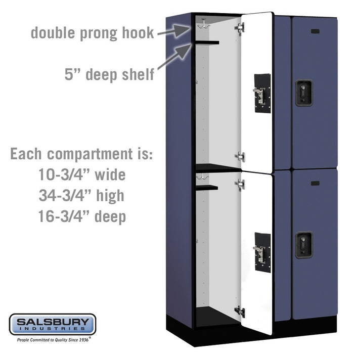 Salsbury 12" Wide Double Tier Designer Wood Locker - 3 Wide - 6 Feet High - 18 Inches Deep - Blue - Black Resettable Combination Locks - Sweatfully
