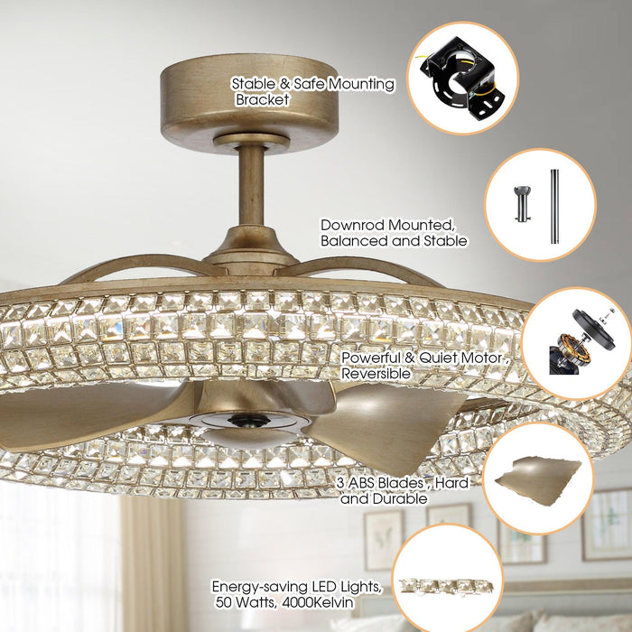 33" Modern DC Motor Crystal Ceiling Fan with Lighting and Remote Control - Sweatfully