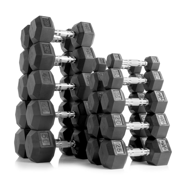 XMARK 10-Pairs, 5 to 50 lbs. Hex Dumbbells Includes 3-Tier Storage Rack XM-3107.1-BLACK-AND-550S - Sweatfully