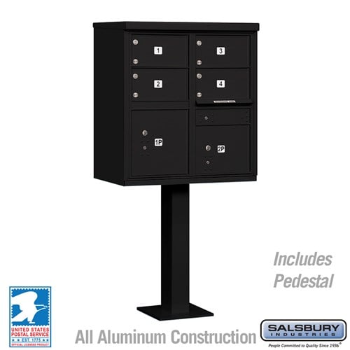 Salsbury Cluster Box Unit with 4 Doors and 2 Parcel Lockers in Black with USPS Access – Type V - Sweatfully