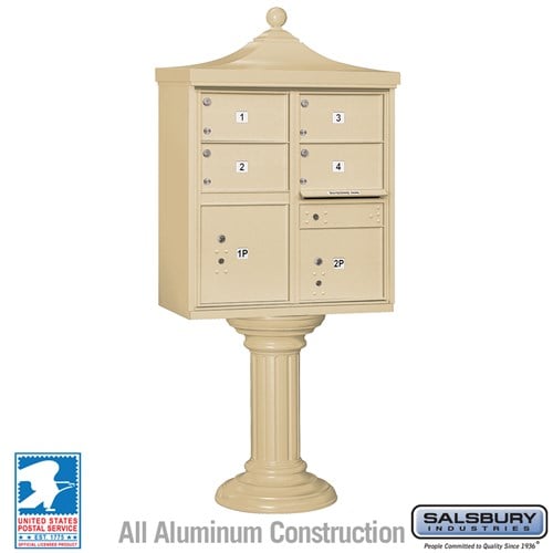 Salsbury Regency Decorative Cluster Box Unit with 4 Doors and 2 Parcel Lockers in Sandstone with USPS Access – Type V - Sweatfully