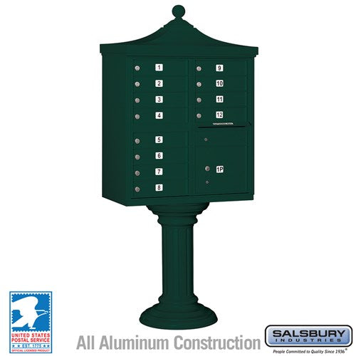 Salsbury Regency Decorative Cluster Box Unit with 12 Doors and 1 Parcel Locker in Green with USPS Access – Type II - Sweatfully
