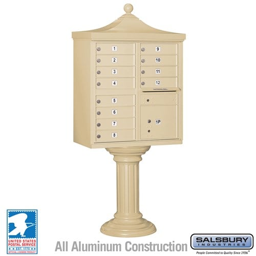 Salsbury Regency Decorative Cluster Box Unit with 12 Doors and 1 Parcel Locker in Sandstone with USPS Access – Type II - Sweatfully