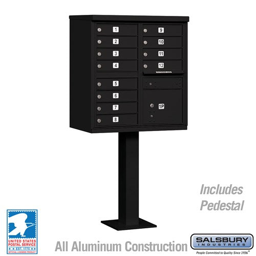 Salsbury Cluster Box Unit with 12 Doors and 1 Parcel Locker in Black with USPS Access – Type II - Sweatfully
