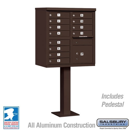 Salsbury Cluster Box Unit with 12 Doors and 1 Parcel Locker in Bronze with USPS Access – Type II - Sweatfully