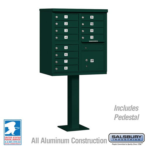 Salsbury Cluster Box Unit with 12 Doors and 1 Parcel Locker in Green with USPS Access – Type II - Sweatfully