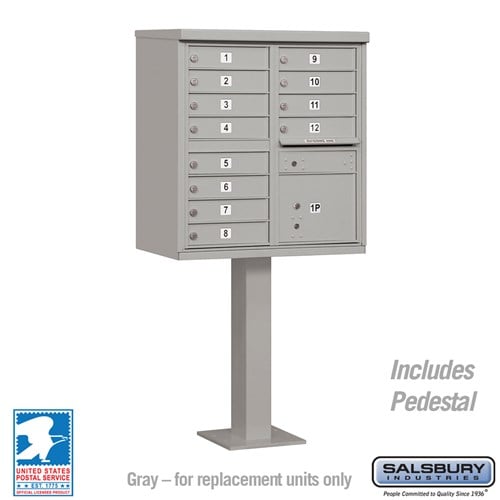 Salsbury Cluster Box Unit with 12 Doors and 1 Parcel Locker in Gray with USPS Access – Type II - Sweatfully