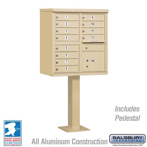 Salsbury Cluster Box Unit with 12 Doors and 1 Parcel Locker in Sandstone with USPS Access – Type II - Sweatfully