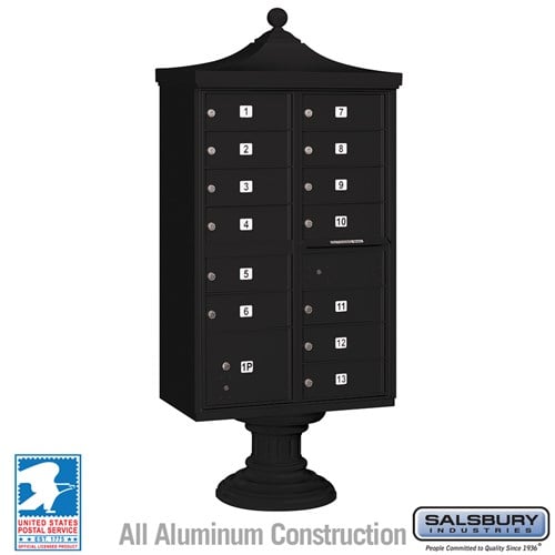Salsbury Regency Decorative Cluster Box Unit with 13 Doors and 1 Parcel Locker in Black with USPS Access – Type IV - Sweatfully
