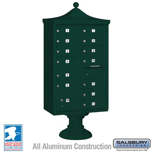 Salsbury Regency Decorative Cluster Box Unit with 13 Doors and 1 Parcel Locker in Green with USPS Access – Type IV - Sweatfully