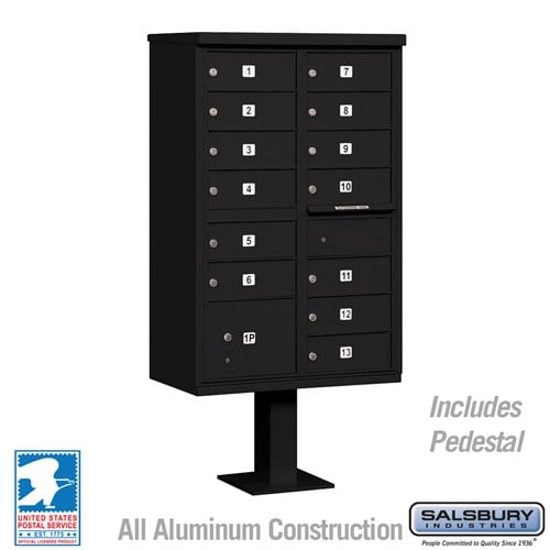 Salsbury Cluster Box Unit with 13 Doors and 1 Parcel Locker in Black with USPS Access – Type IV - Sweatfully