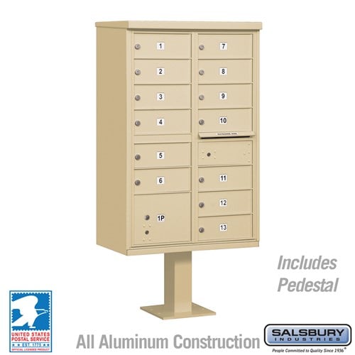 Salsbury Cluster Box Unit with 13 Doors and 1 Parcel Locker in Sandstone with USPS Access – Type IV - Sweatfully