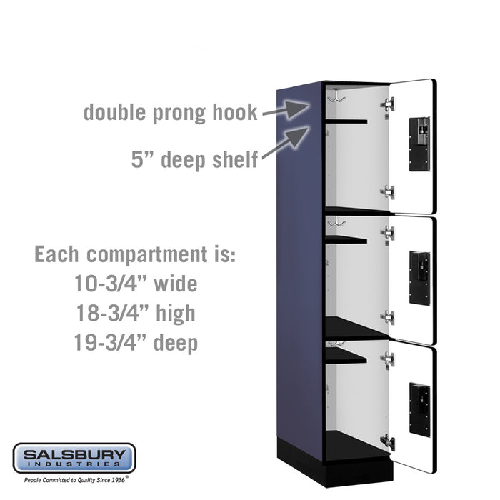 Salsbury 12" Wide Triple Tier Designer Wood Locker - 1 Wide - 5 Feet High - 21 Inches Deep - Blue - Hasps - Sweatfully